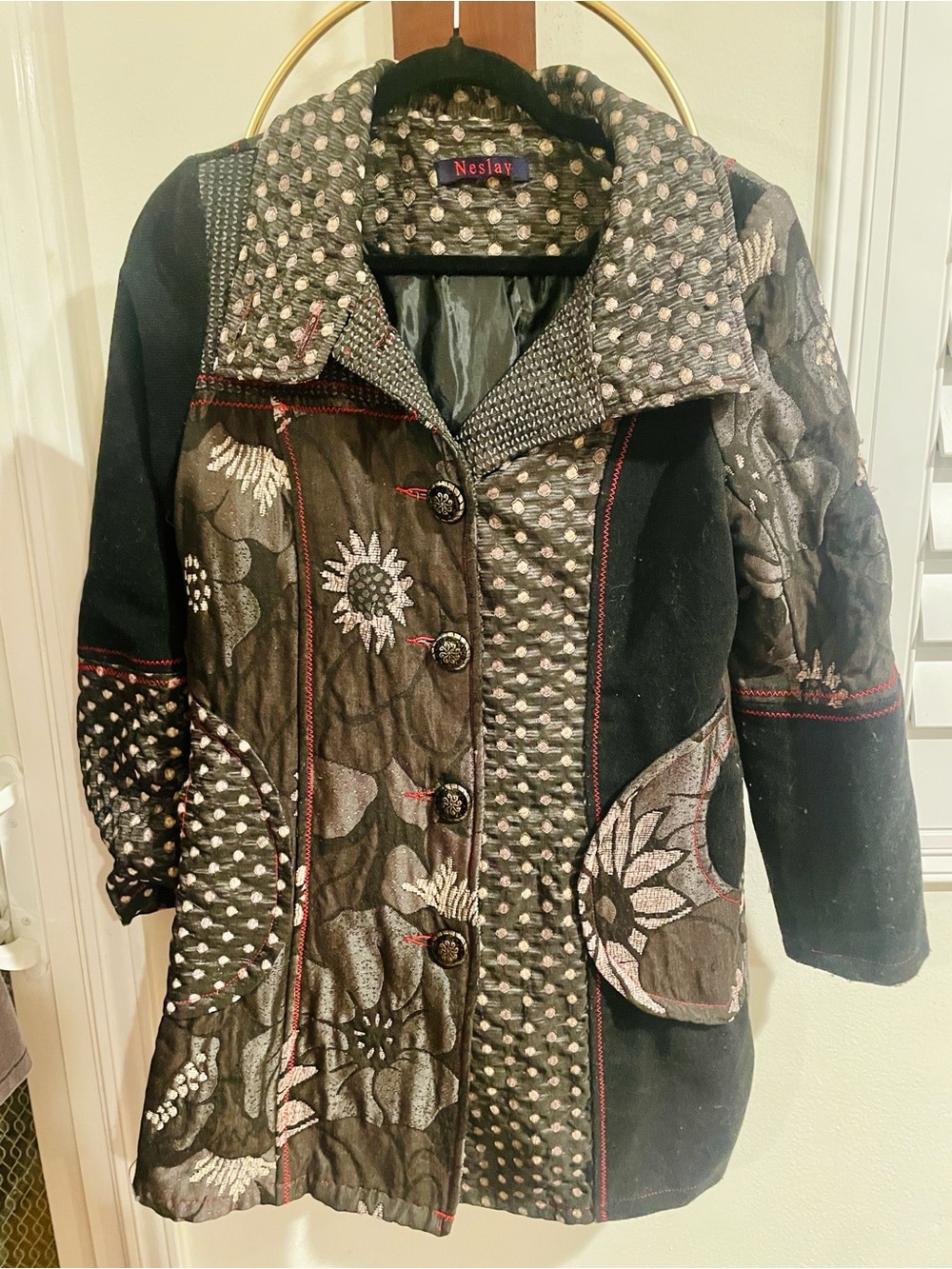 Neslay Black & Gray Floral Patchwork Pea Coat